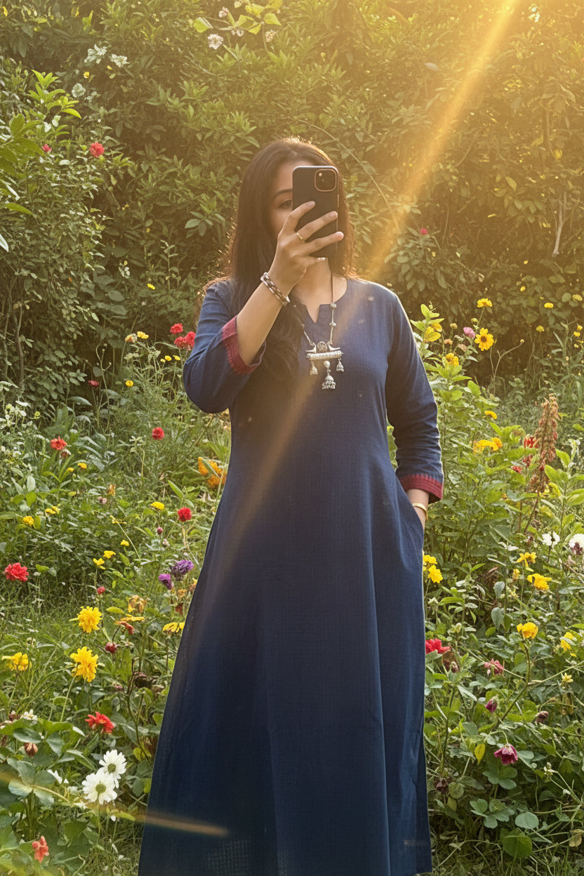 Blue self checks handloom 3-piece set