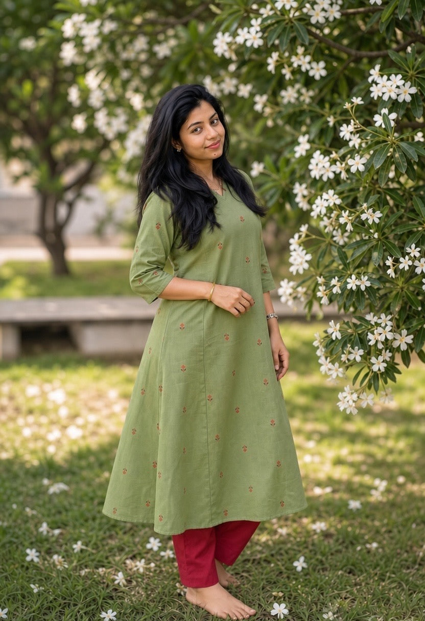 Olive Meadow Handloom Cotton A-Line coords