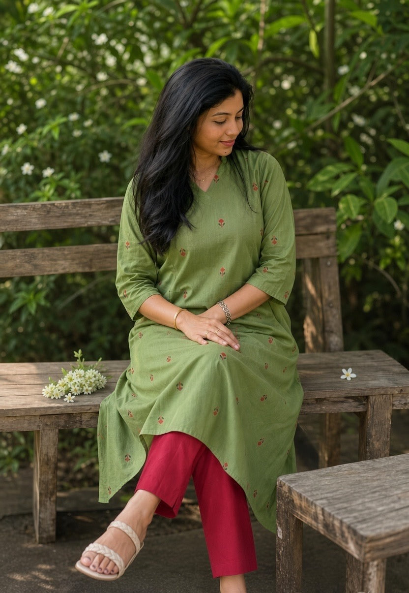 Olive Meadow Handloom Cotton A-Line coords