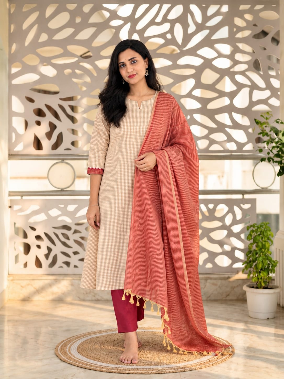 Beige Self-checks handloom 3-pieces set