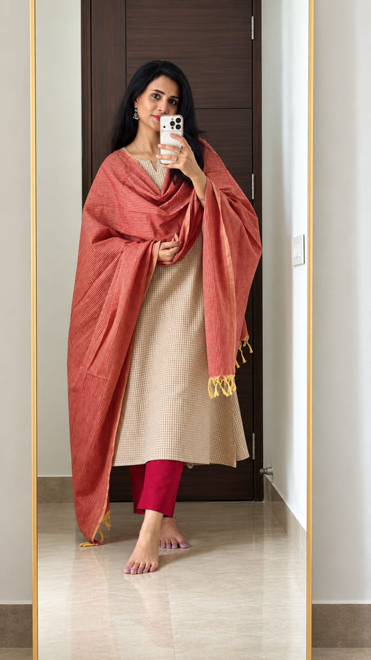 Beige Self-checks handloom 3-pieces set