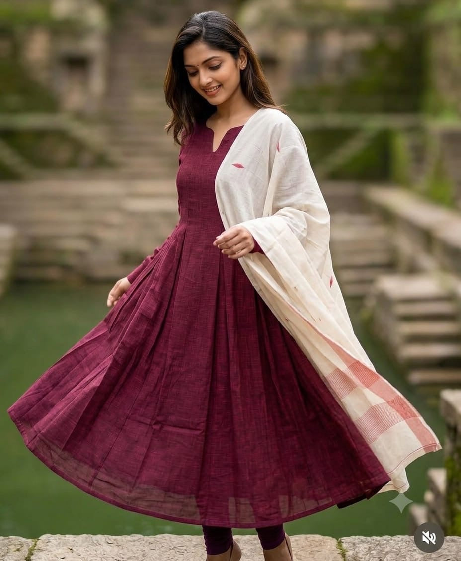 Maroon slub cotton with handloom duppata set