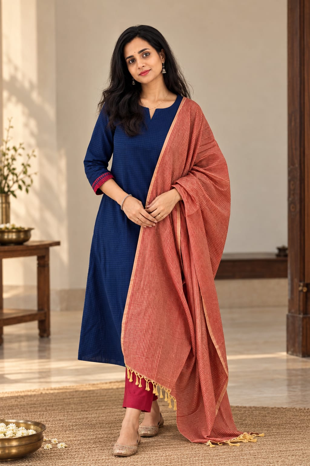 Blue self checks handloom 3-piece set