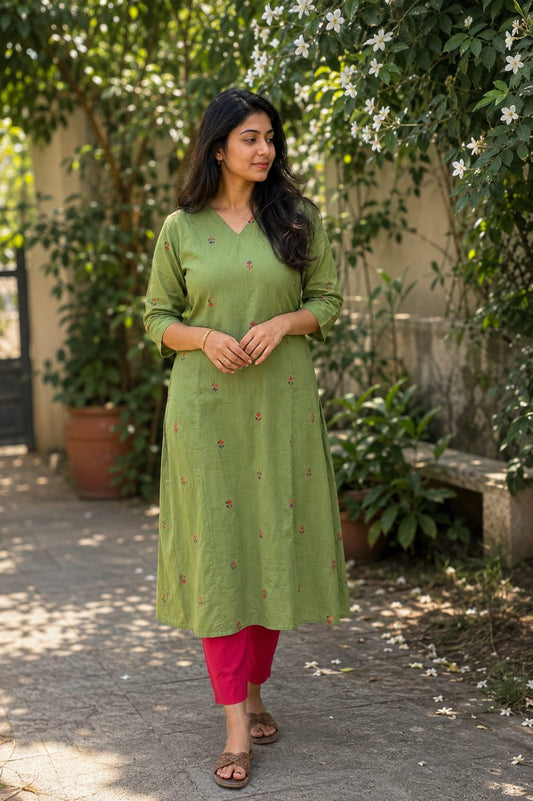 Olive Meadow Handloom Cotton A-Line coords