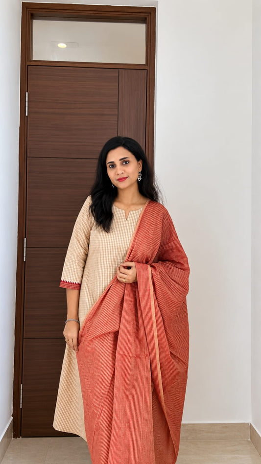 Beige Self-checks handloom 3-pieces set