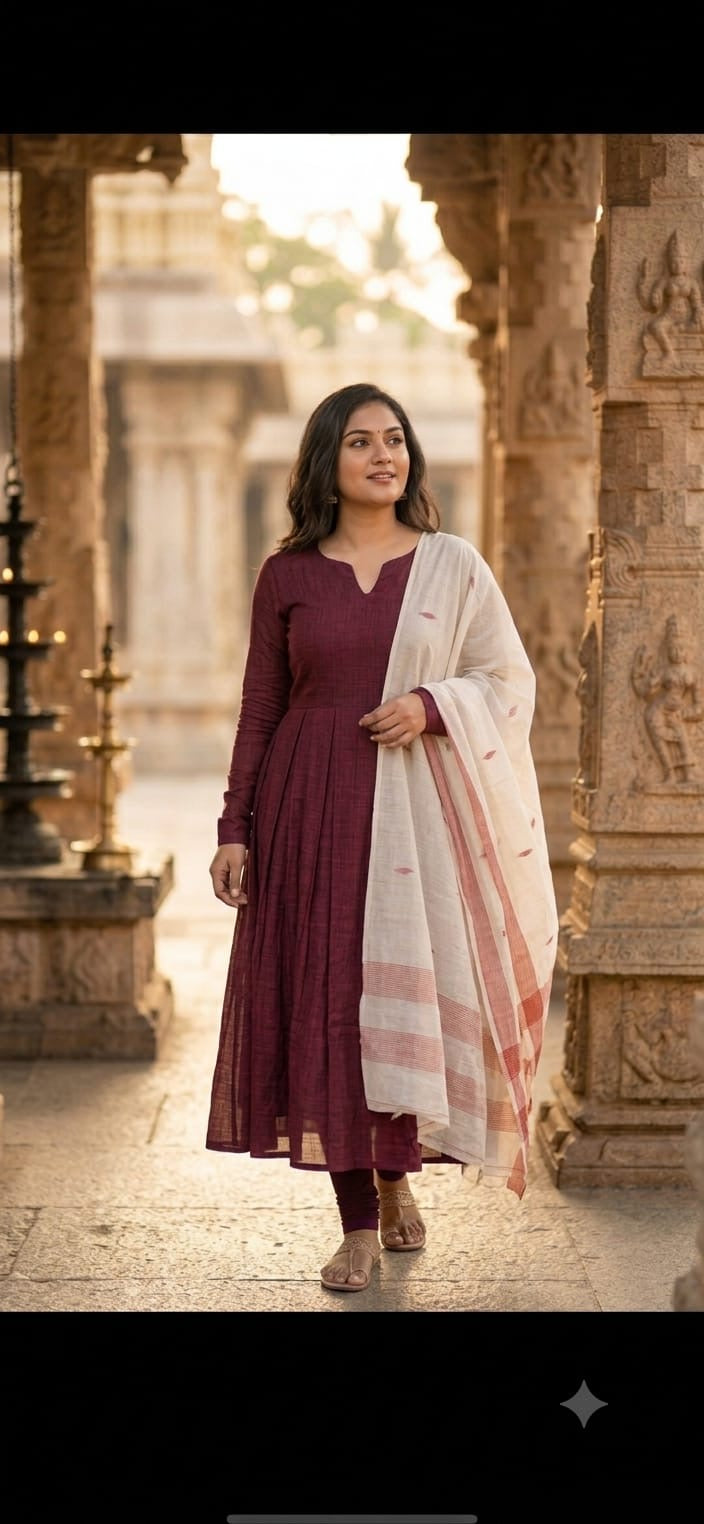 Maroon slub cotton with handloom duppata set