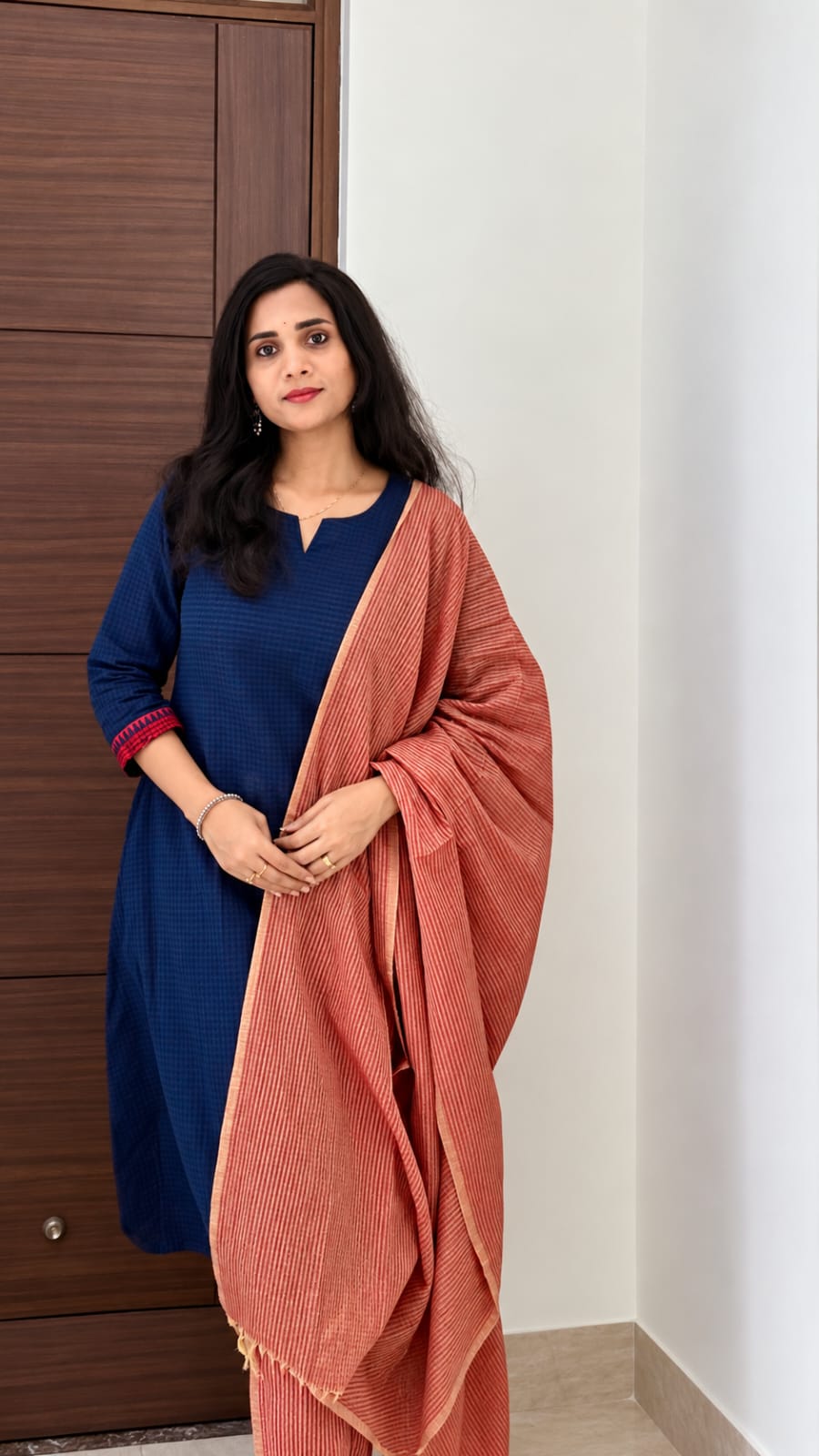 Blue self checks handloom 3-piece set