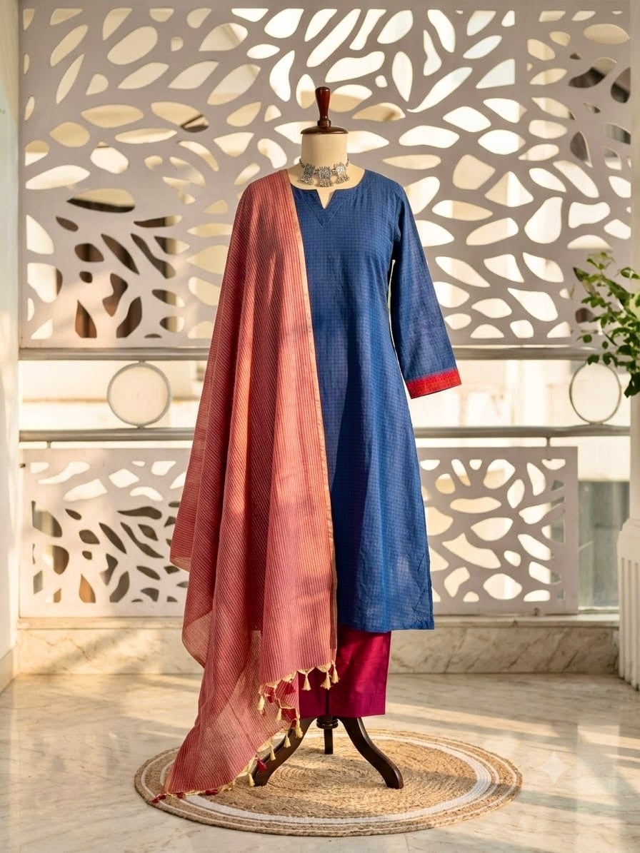 Blue self checks handloom 3-piece set