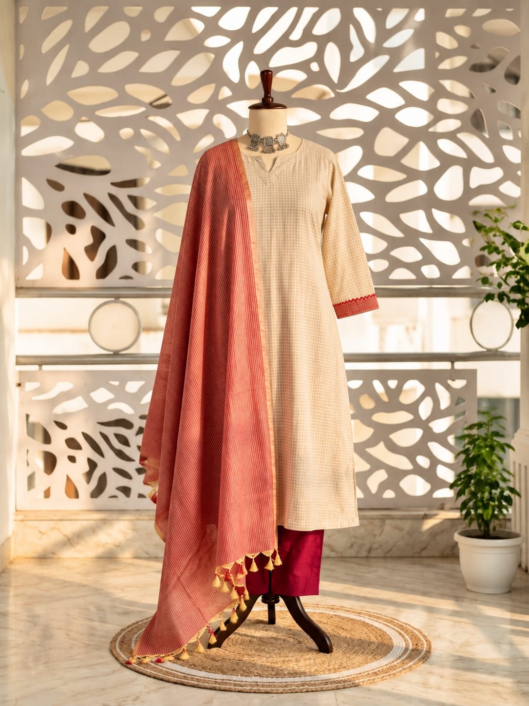 Beige Self-checks handloom 3-pieces set