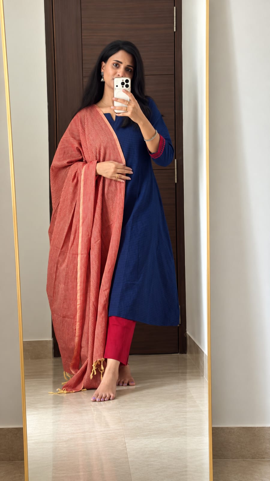 Blue self checks handloom 3-piece set