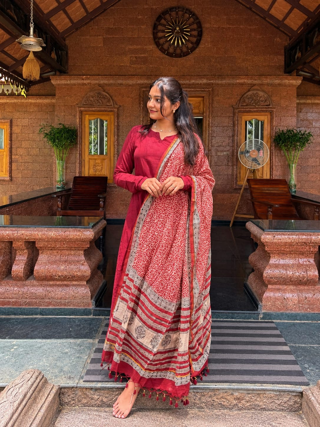Maroon Pure Mangalagiri kurta - kota duppata Set
