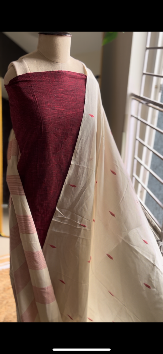 Maroon slub cotton with handloom duppata set