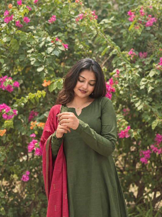 Green Pure Mangalagiri Cotton Kali Kurta Set