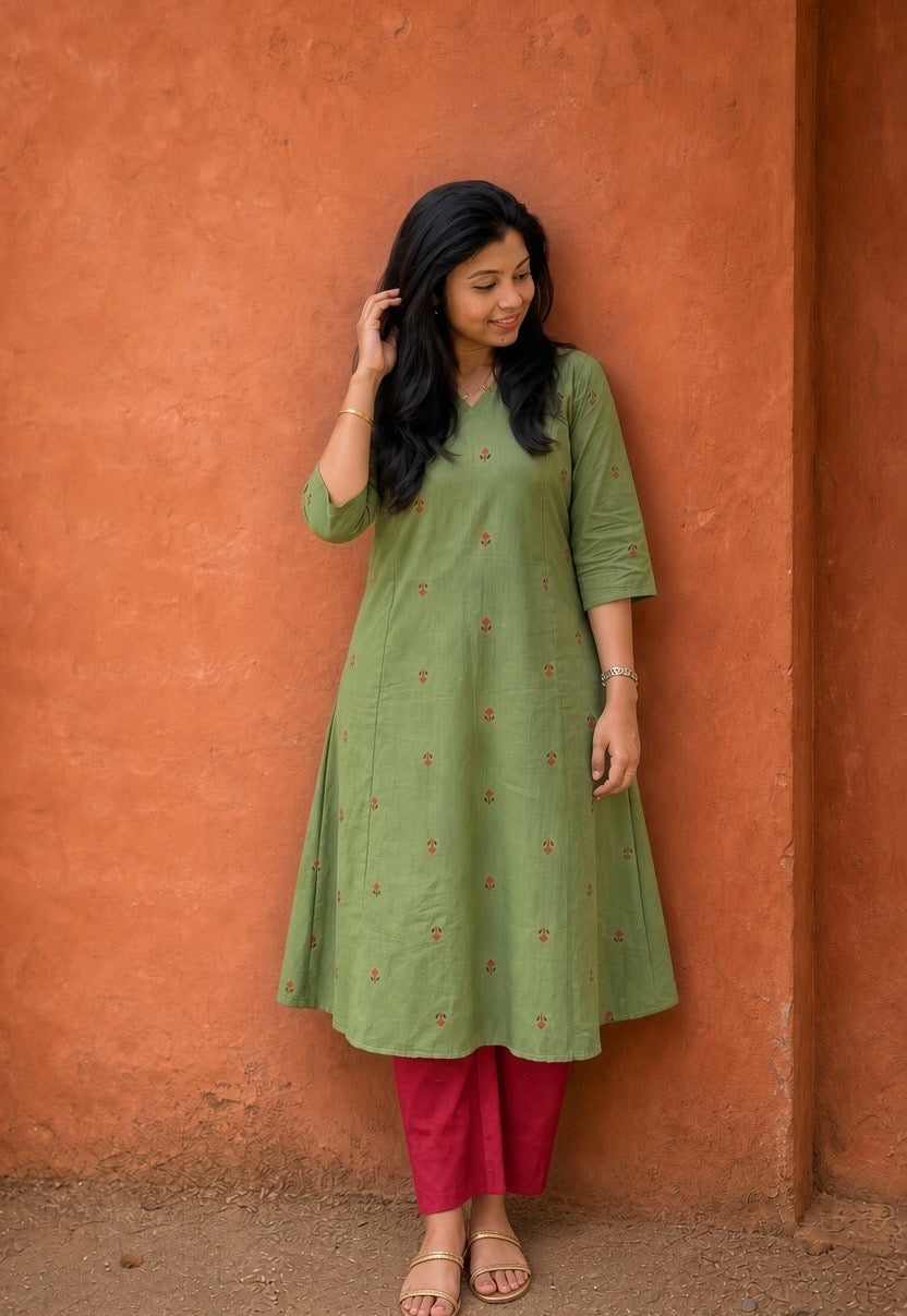 Olive Meadow Handloom Cotton A-Line coords