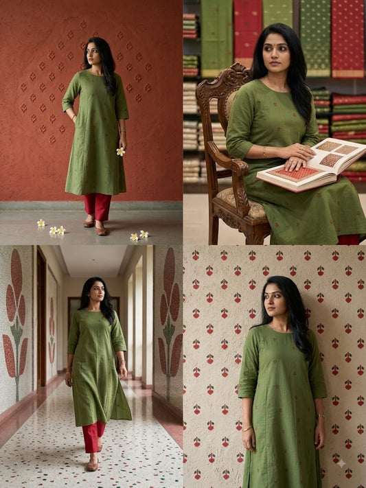 Olive Meadow Handloom Cotton A-Line coords