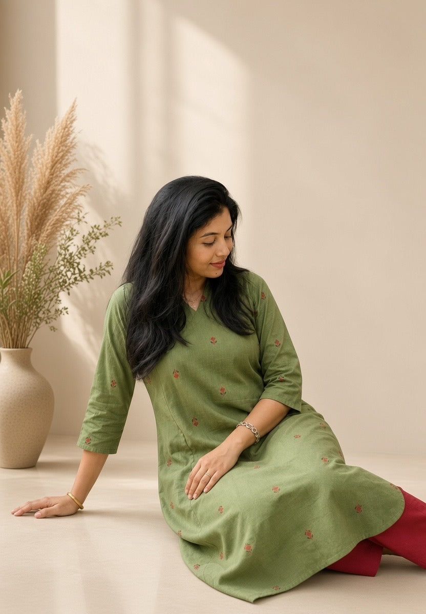 Olive Meadow Handloom Cotton A-Line coords