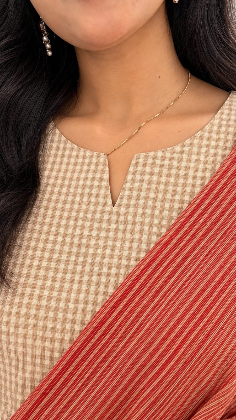 Beige Self-checks handloom 3-pieces set