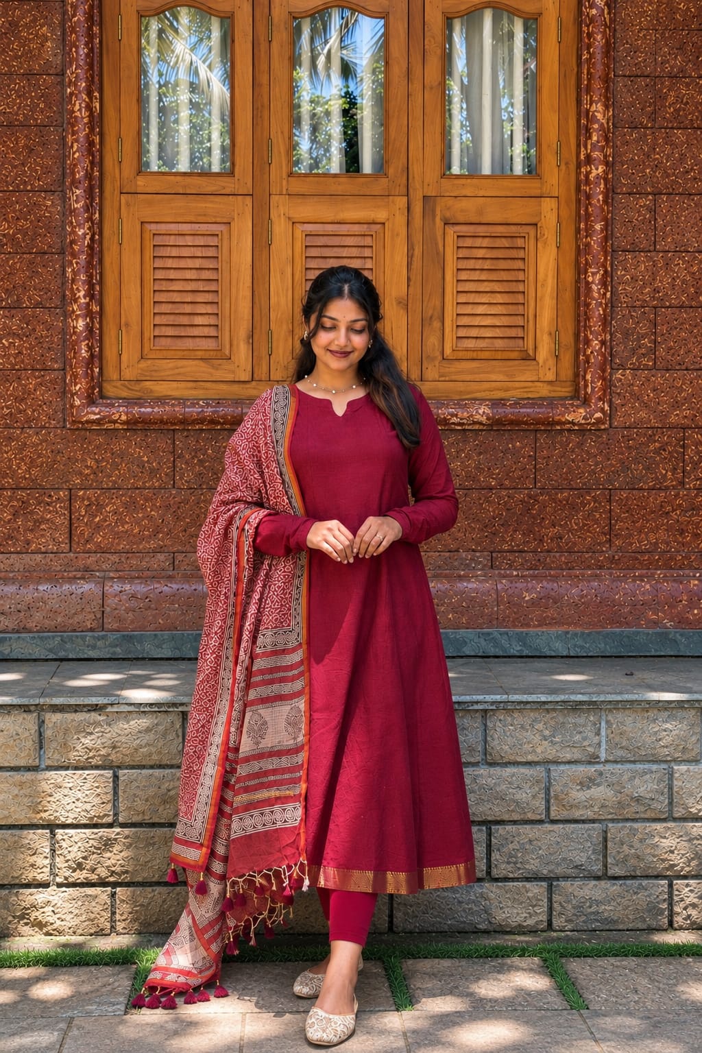 Maroon Pure Mangalagiri kurta - kota duppata Set