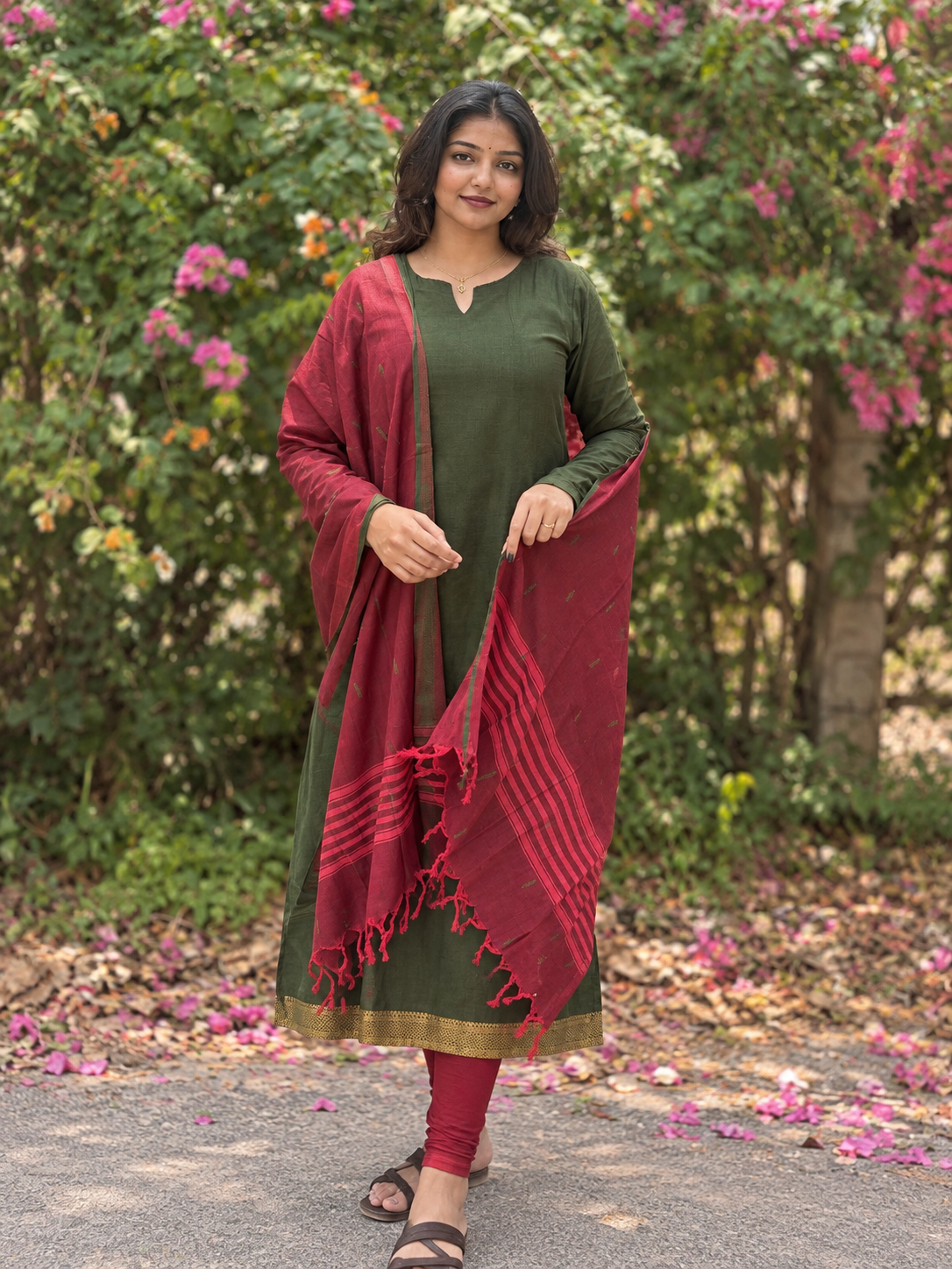 Green Pure Mangalagiri Cotton Kali Kurta Set