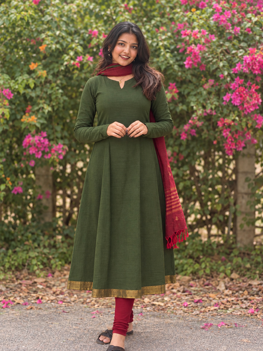 Green Pure Mangalagiri Cotton Kali Kurta Set